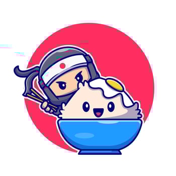 Cute Ninja Eating Tamago Rice Bowl With Chopstick Cartoon Vector Icon Illustration. People Food Icon Concept Isolated Premium Vector. Flat Cartoon Style