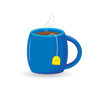 Vector blue cup with black tea bag isolated on white background.