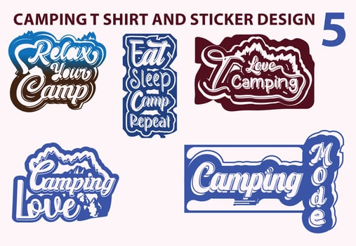 Camping t shirt and sticker design template set vector