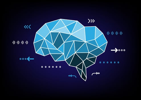 Abstract polygonal brain on dark blue background. Vector technology illustration.