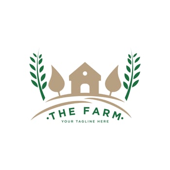 Farm House concept logo. Template with rural landscape. Labels for natural agricultural products. Vector illustration.