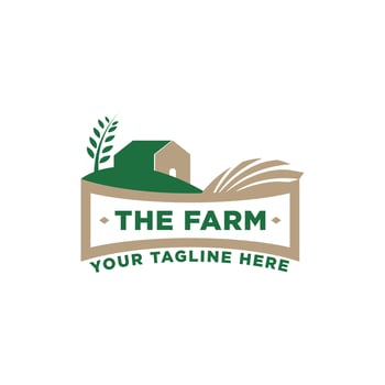 Farm House concept logo. Template with rural landscape. Labels for natural agricultural products. Vector illustration.
