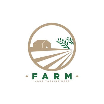 Farm House concept logo. Template with rural landscape. Labels for natural agricultural products. Vector illustration.