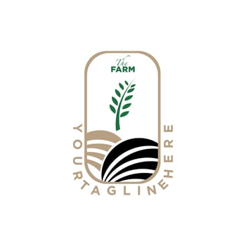 Farm House concept logo. Template with rural landscape. Labels for natural agricultural products. Vector illustration.