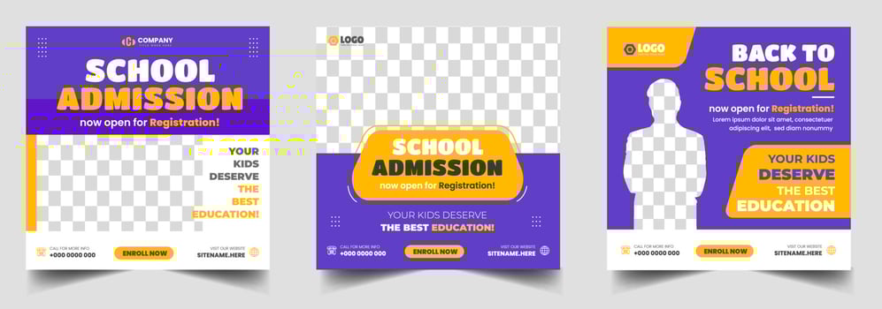 School admission social media post banner design. back to school social media post banner design set. Back to school admission promotion banner. school admission template for social media ad. vector