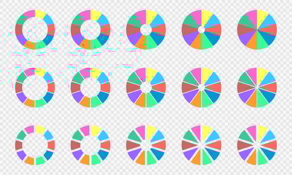 Pie and donut charts set. Circle diagrams divided in 10 sections of different colors. Infographic wheels. Round shapes cut in ten parts vector