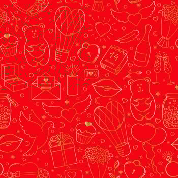 Happy Valentine's Day. Funny seamless pattern of vector hand drawn elements, red and gold.