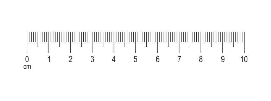 Horizontal measuring chart with 10 centimeters markup. Scale of ruler with numbers. Distance, height or length measurement math or sewing tool vector