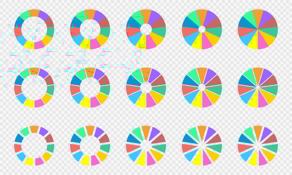 Pie and donut charts set. Colorful circle diagrams divided in 11 sections. Infographic wheels. Round shapes cut in eleven equal parts vector