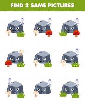 Education game for children find two same pictures of cute cartoon stone with mushroom and grass printable nature worksheet vector