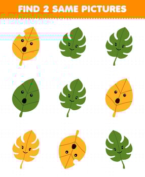 Education game for children find two same pictures of cute cartoon leaf printable nature worksheet vector