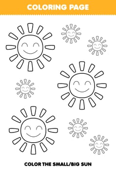 Education game for children coloring page big or small picture of cute cartoon sun line art printable nature worksheet vector