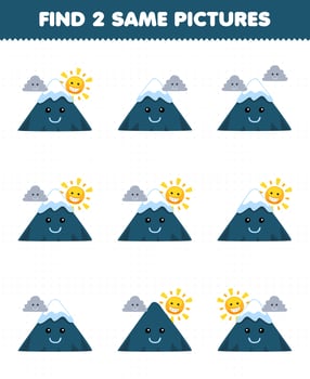 Education game for children find two same pictures of cute cartoon mountain with sun and cloud printable nature worksheet vector