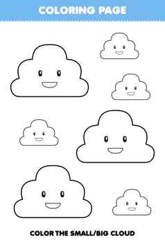Education game for children coloring page big or small picture of cute cartoon cloud line art printable nature worksheet vector