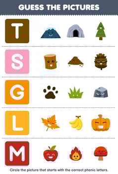 Education game for children guess the correct picture for phonic word that starts with letter T S G L and M printable nature worksheet vector
