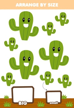 Education game for children arrange by size big or small put it in the gift box of cute cartoon cactus printable nature worksheet vector
