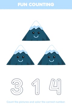 Education game for children count the pictures and color the correct number from cute cartoon mountain printable nature worksheet vector