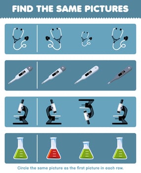 Education game for children find the same picture in each row of cute cartoon stethoscope thermometer microscope beaker printable tool worksheet vector