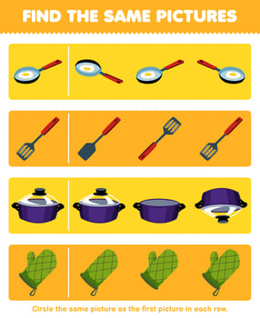 Education game for children find the same picture in each row of cute cartoon frying pan spatula pot mitten oven glove printable tool worksheet vector