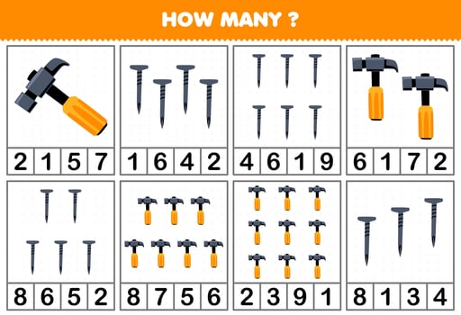 Education game for children counting how many cute cartoon hammer or nail in each table printable tool worksheet vector