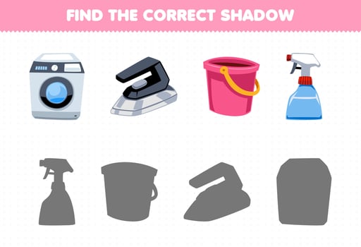 Education game for children find the correct shadow set of cute cartoon washing machine iron sprayer bucket printable tool worksheet vector