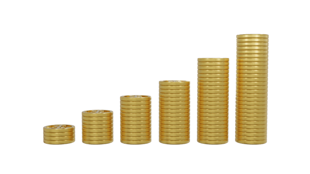 3d rendering of Gold coins stacked and growing money. png