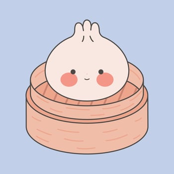 Cute dumplings with different emoticons on a bamboo board. Kawaii dim sum. Asian Traditional Cuisine. Vector illustration in cartoon flat style.