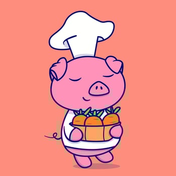 Cute pig holding carrot cartoon vector icon illustration