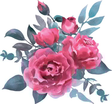 Watercolor bouquet of pink rose, collection garden flowers, leaves, illustration isolated on white background, eucalyptus, herbs. bud and leaf vector