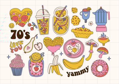 Set of yammy food and drinks in retro 70s groovy style . Colection of healthy and jank food. Sweet bevegares and cookies, lamonade and coffee. Vector contour hand drawn illustration.
