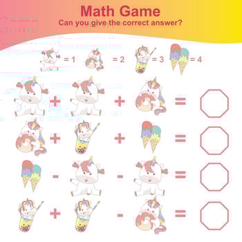 Counting unicorn game for children. Count and write answer activity for kids. Educational printable math worksheet. Vector file.