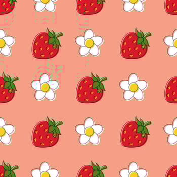 Seamless pattern with strawberries and daisies on delicate pink, peach background vector