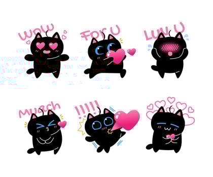 Kawaii Blue-Eyed Black Cat Affection Chat Stickers Pack vector