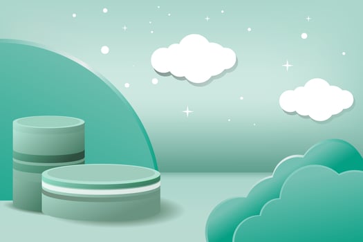 3D podium stage room with realistic cylinder pedestal geometry form square molding with shadow cloud background. Cosmetic background for product, branding and packaging presentation vector