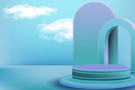 3D podium stage room with realistic cylinder pedestal geometry form square molding with shadow cloud background. Cosmetic background for product, branding and packaging presentation vector