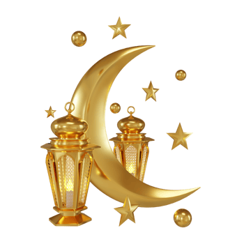 3d rendering illustration of half moon, star and old arabic lantern in golden color for decoration greeting month of ramadan and eid mubarak png