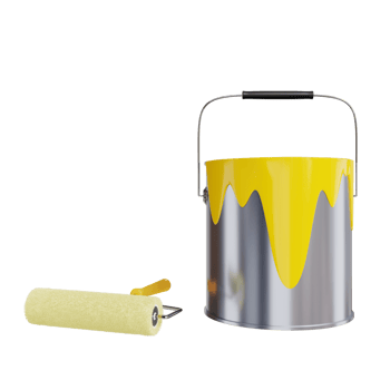 3d illustration. Yellow paint bucket and roller Paintbrush Tool Industry Decorate Repair Home Art painter concept Cut path isolated png