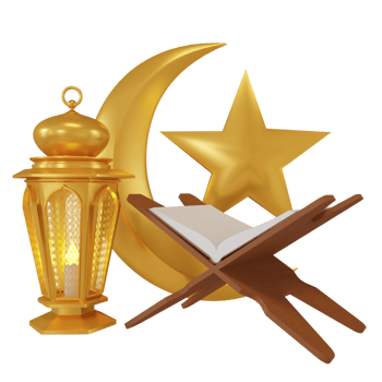3d rendering illustration of half moon, star and old arabic lantern in golden color for decoration greeting month of ramadan and eid mubarak png