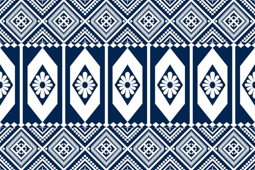 Blue and white geometric ethnic seamless pattern design for wallpaper, background, fabric, curtain, carpet, clothing, and wrapping. vector