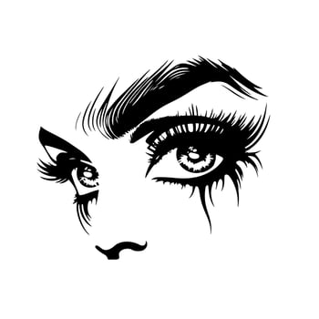 Beautiful and expressive female eyes with long eyelashes, dark make-up and fashionable thick eyebrows. Monochrome vector illustration.