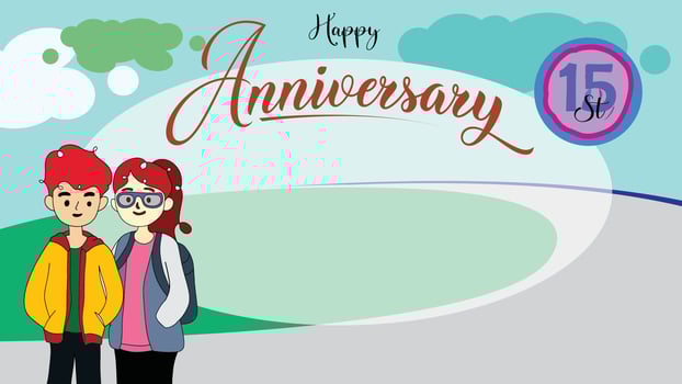 Anniversary greeting cards. Green background. Couple cartoon character. vector