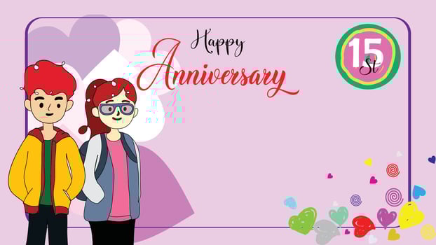 Pink background blank space. Anniversary greeting cards. Cartoon couple vector