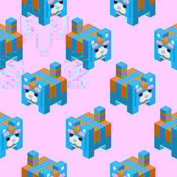 Pattern of cats assembled from plastic blocks on a pink background in isometric style for print and design.Vector illustration. vector
