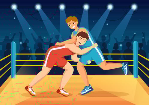 Wrestling Illustration with Two fighters Boxing Competition or Championship Sport on a Arena in Flat Cartoon Hand Drawn for Landing Page Templates vector