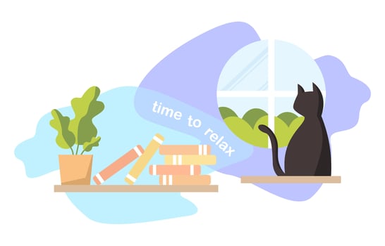 A cat sits near books and a potted tree, gazing outside a window. The peaceful scene conveys a sense of relaxation and tranquility, inviting the viewer to take a moment and unwind. vector