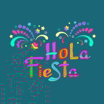 Hola Fiesta, decorated logo, cartoon letters, and symbols. Vector illustration.