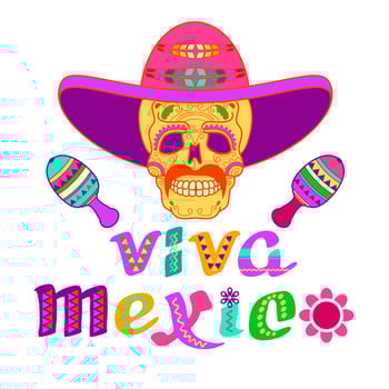 Viva Mexico, decorated logo. Cartoon letters, skull, maracas. Vector illustration.