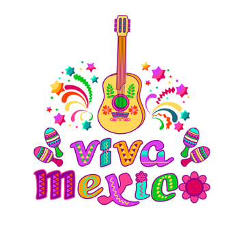 Viva Mexico, decorated logo. Cartoon letters and guitar, maracas. Vector. vector