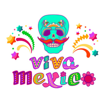 Viva Mexico, decorated logo. Cartoon letters, skull, stars. Vector illustration.
