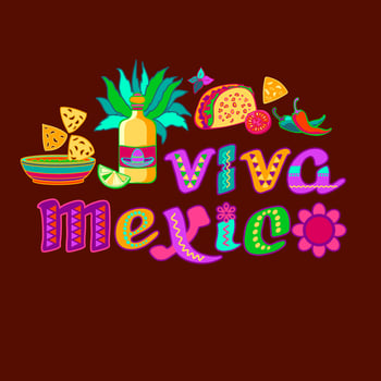 Viva Mexico, decorated logo. Cartoon letters, tequila, nachos. Vector illustration.